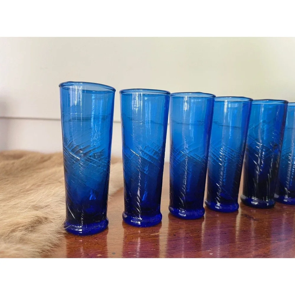 Cobalt blue glass Hand Blown‎ double Shot Liqueur Glass Base Vintage barware